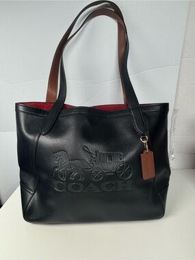 Coach Black Redwood Pebble Leather Horse & Carriage Debossed Tote C4063